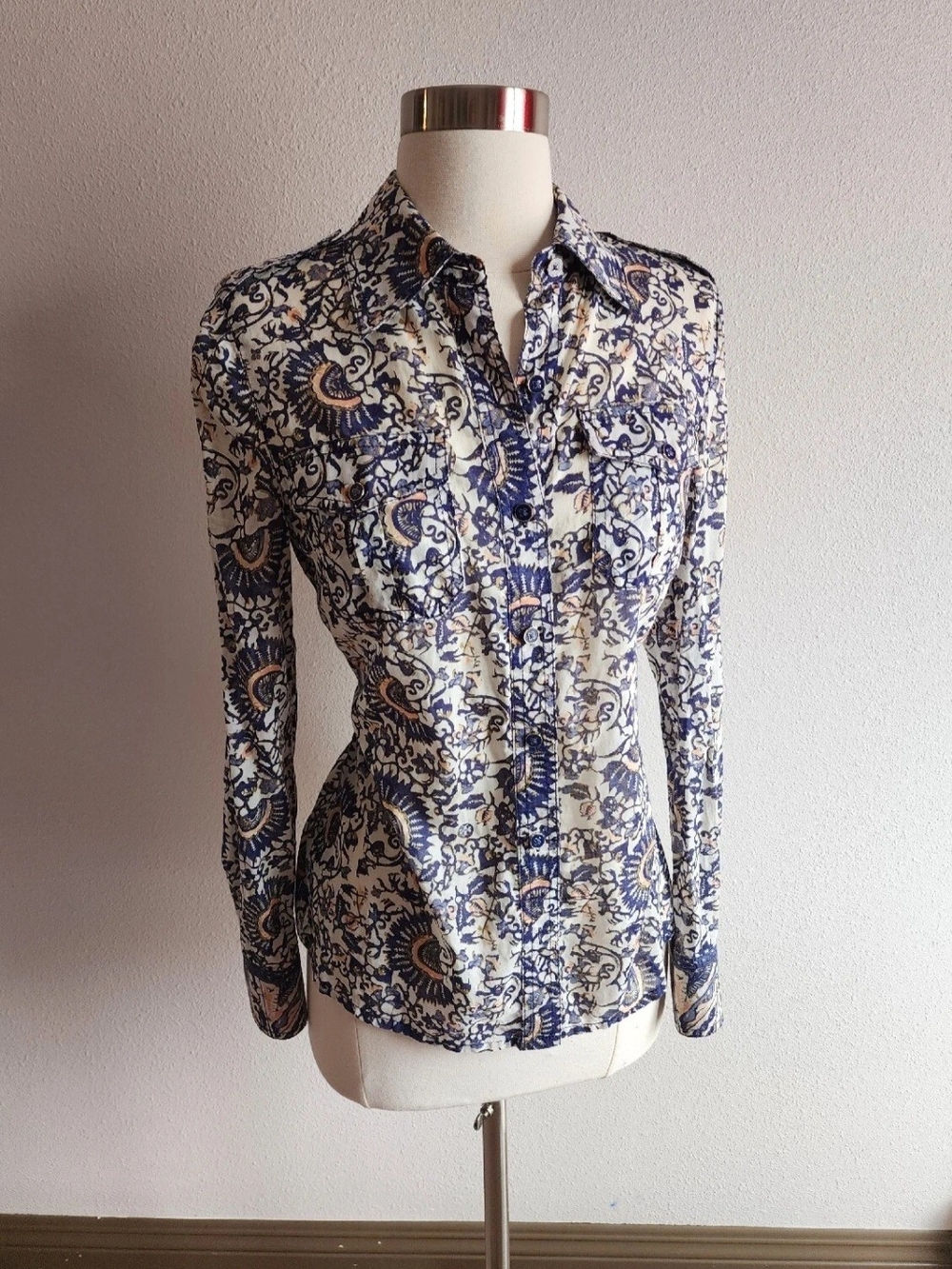 Tory Burch Navy and White Paisley Button-Down Shirt Blouse
